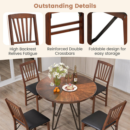 Set of 2 Folding Chairs with Padded Seat and Rubber Wood Frame-Brown
