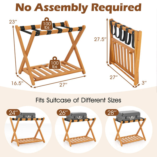 Set of 2 Folding Luggage Racks with 5 Nylon Straps and Slatted Storage Shelf