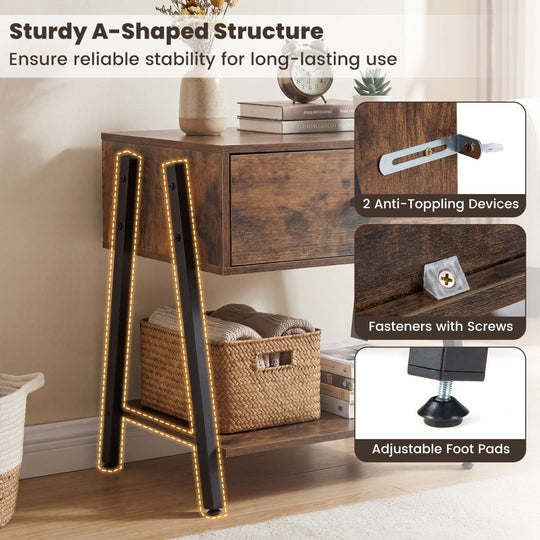 Industrial Nightstand Set of 2 with Drawer and Shelf