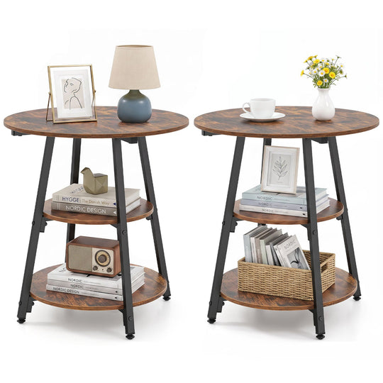 Industrial Side Tables Set of 2 with 3-Tier Shelves