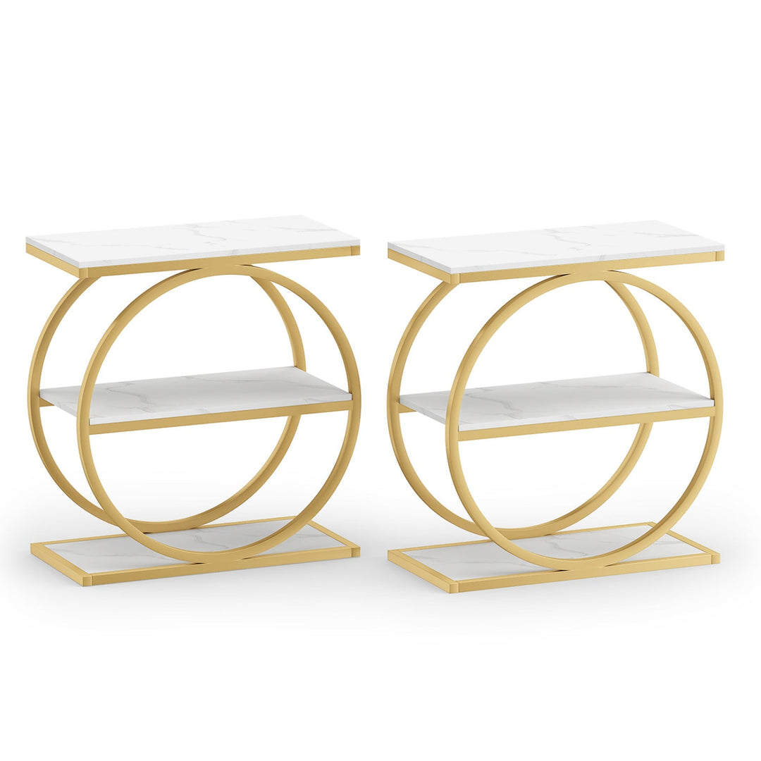 Industrial 3-Tier Side Table Set with Faux Marble Top