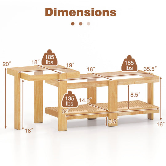 Nesting Coffee Tables Set of 2 with Rattan Shelf - Natural