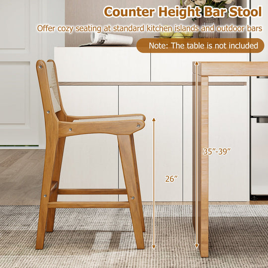 Set of 2 Outdoor Counter Height Bar Stool Woven Paper Rope Patio Barstool with Teak Wood Frame