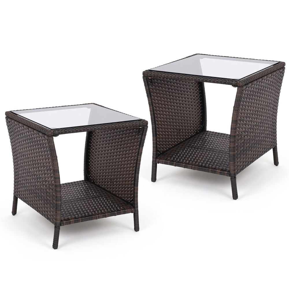 Set of 1 Outdoor Wicker Side Table with Tempered Glass Top and Storage Shelf