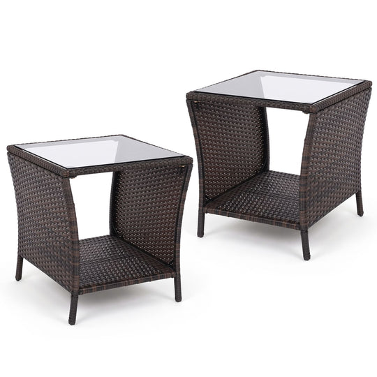 Set of 1 Outdoor Wicker Side Table with Tempered Glass Top and Storage Shelf