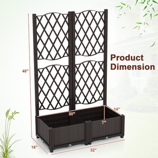 Set of 2 PE Rattan Raised Garden Bed with Trellis Planter Box for Climbing Plants-Rustic Brown