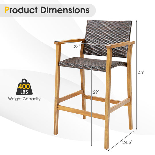Set of 2 PE Wicker Patio Bar Chairs with Acacia Wood Armrests-Set of 2