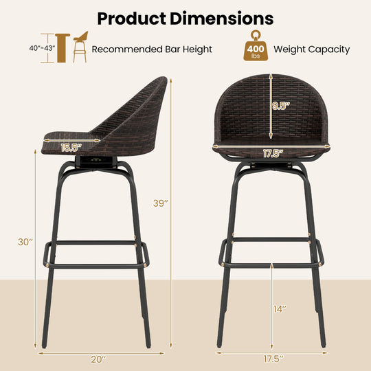 Swivel Patio Bar Stools Set of 2 with Rattan Seat 400 LBS