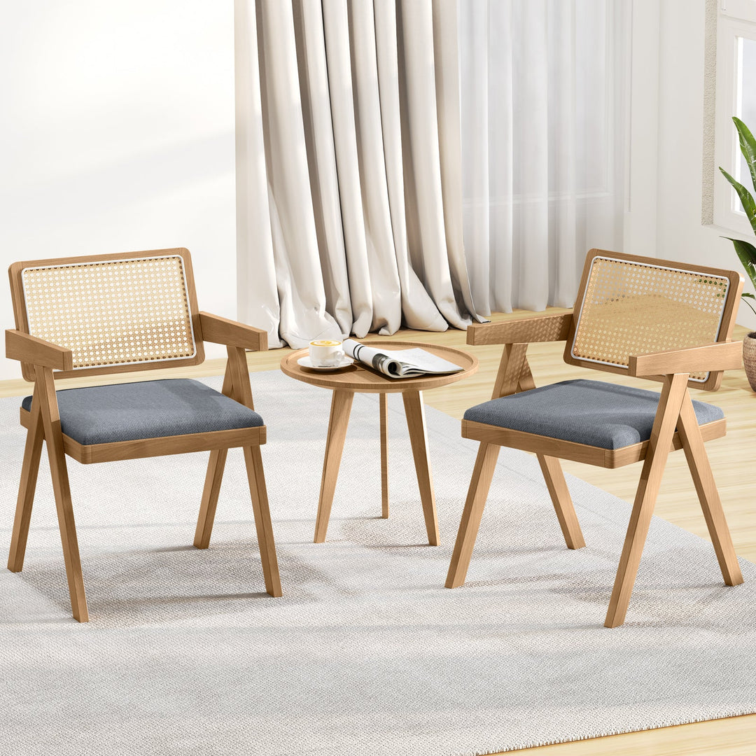 Set of 2 Rattan Accent Chairs with Padded Cushion and Rubber Wood Frame
