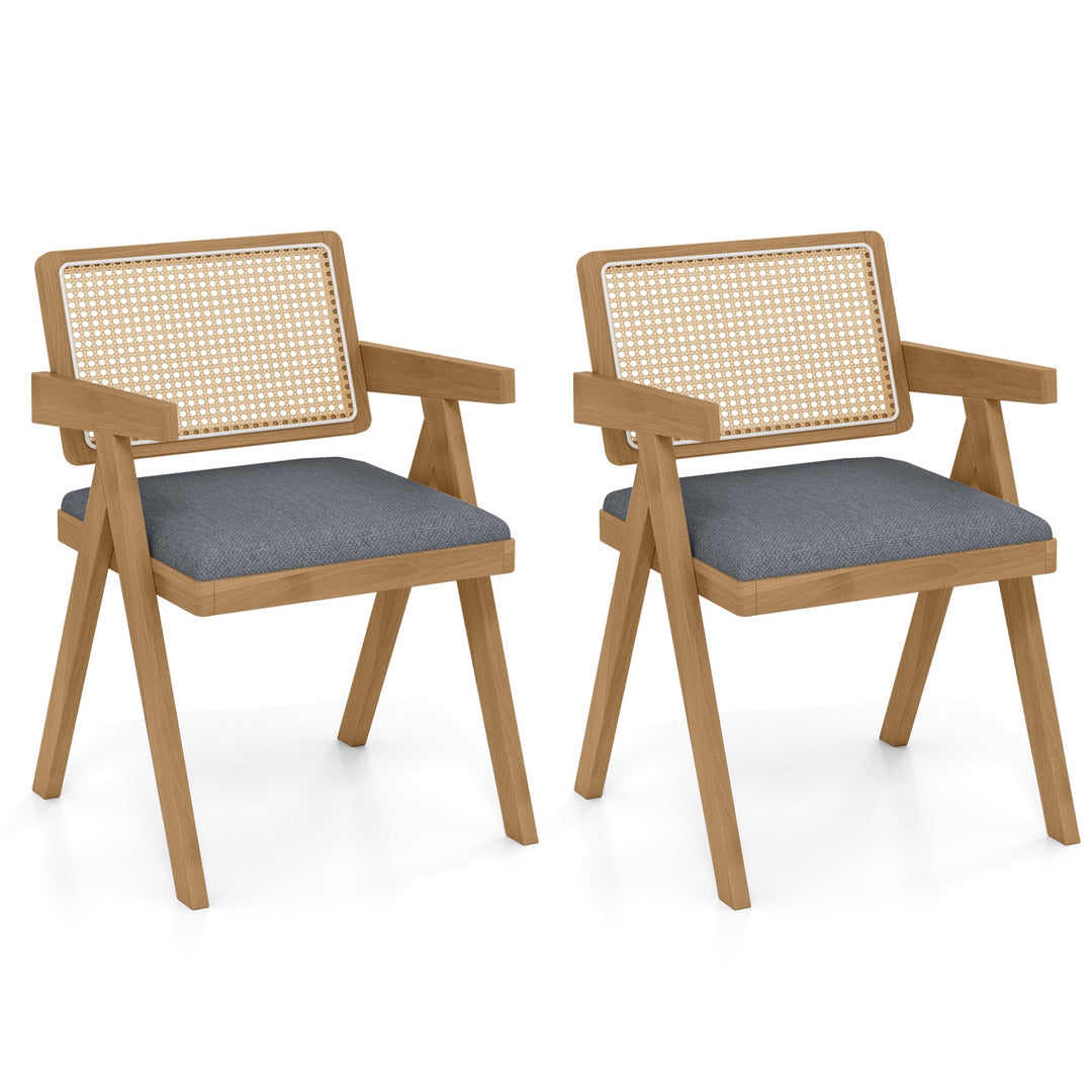 Set of 2 Rattan Accent Chairs with Padded Cushion and Rubber Wood Frame