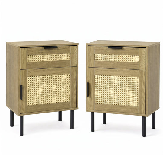 Rattan Nightstand Set of 2 with Drawer and Storage Cabinet