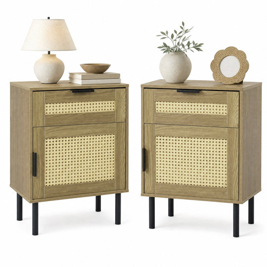 Rattan Nightstand Set of 2 with Drawer and Storage Cabinet