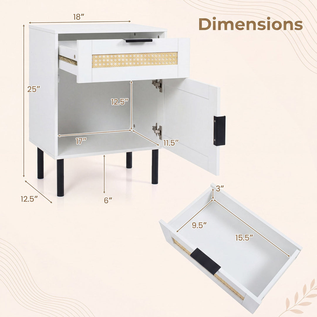 Rattan Nightstand Set of 2 with Drawer and Cabinet - White