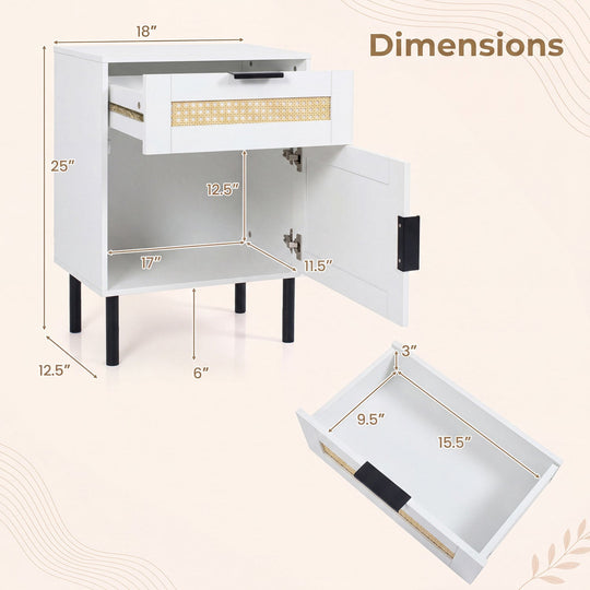 Rattan Nightstand Set of 2 with Drawer and Cabinet - White