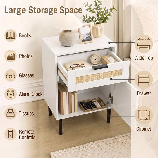 Rattan Nightstand Set of 2 with Drawer and Cabinet - White