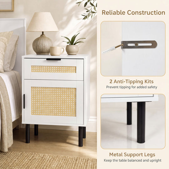 Rattan Nightstand Set of 2 with Drawer and Cabinet - White