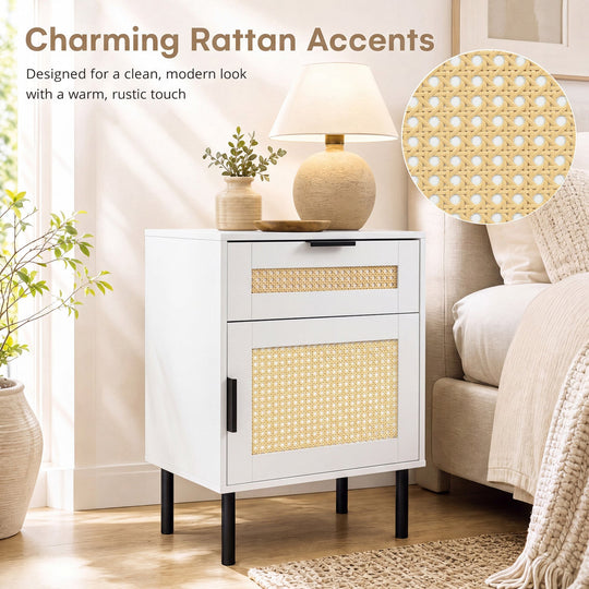 Rattan Nightstand Set of 2 with Drawer and Cabinet - White