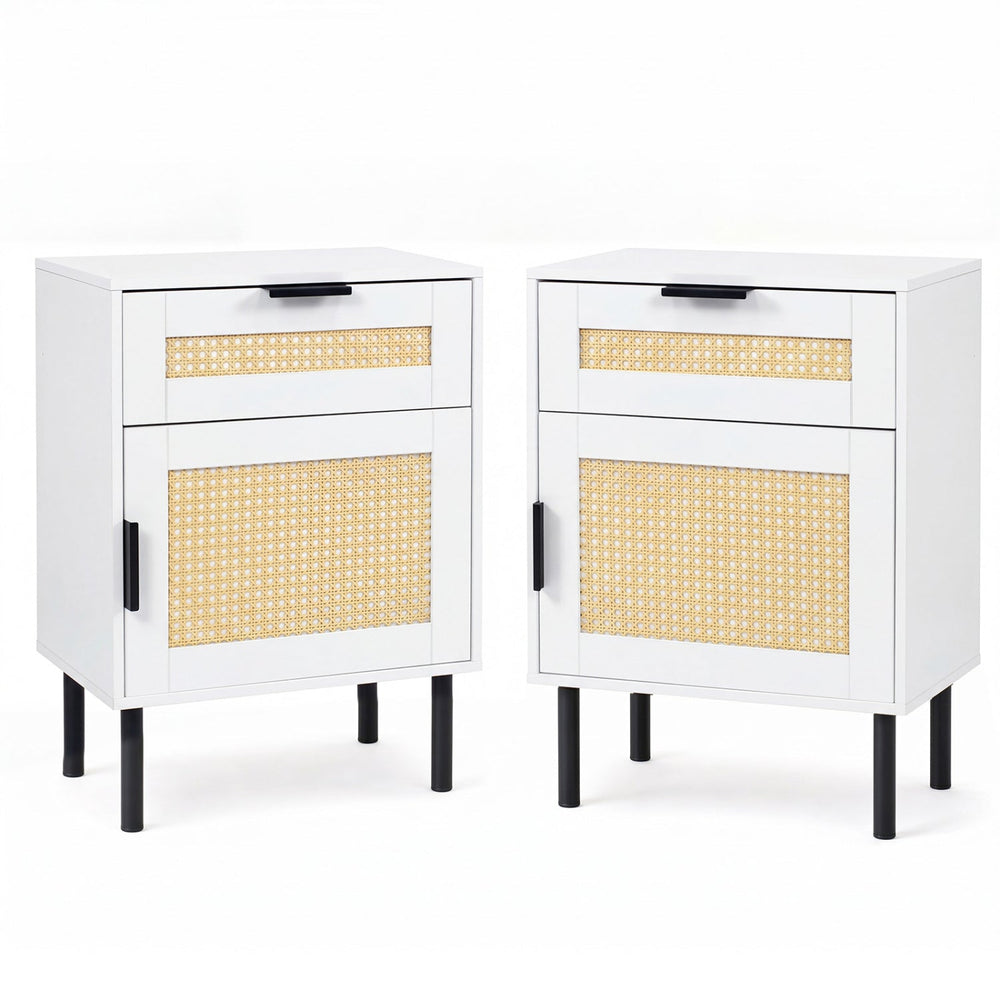 Rattan Nightstand Set of 2 with Drawer and Cabinet - White