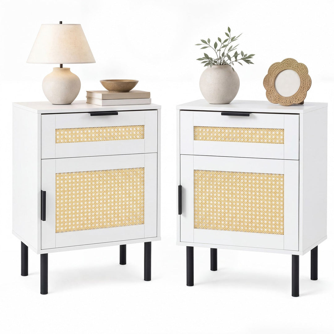 Rattan Nightstand Set of 2 with Drawer and Cabinet - White