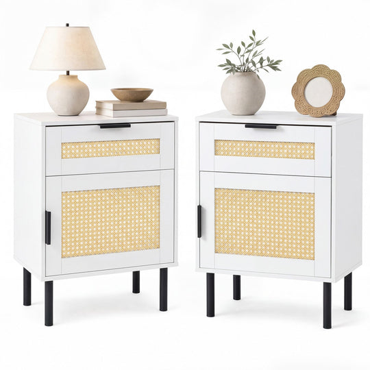 Rattan Nightstand Set of 2 with Drawer and Cabinet - White