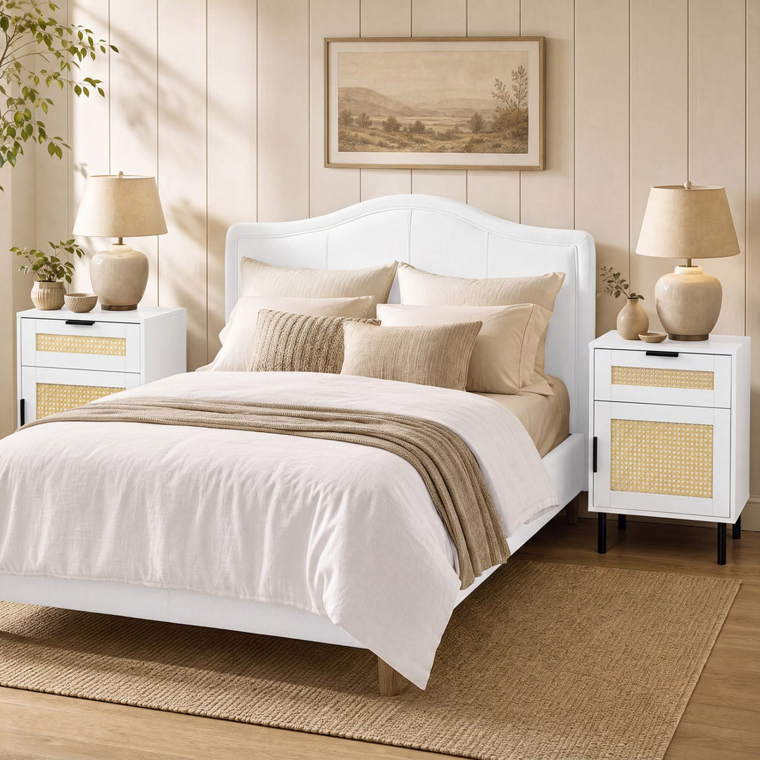 Rattan Nightstand Set of 2 with Drawer and Cabinet - White