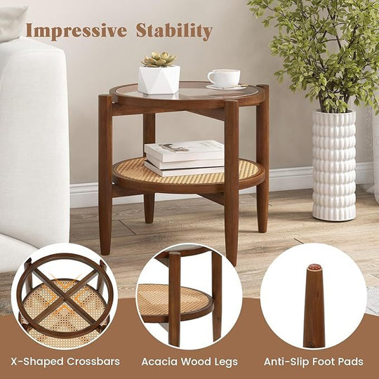 Round Rattan Side Table Set with Glass Top - Set of 2