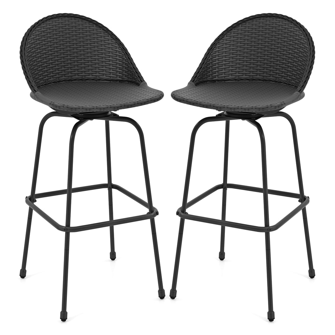 Set of 2 Rattan Swivel Barstools with Curved Back-Black