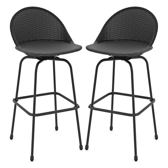 Set of 2 Rattan Swivel Barstools with Curved Back-Black