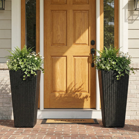 Set of 2 Rattan Tall Plant Pots with Detachable Plastic Liners-Black