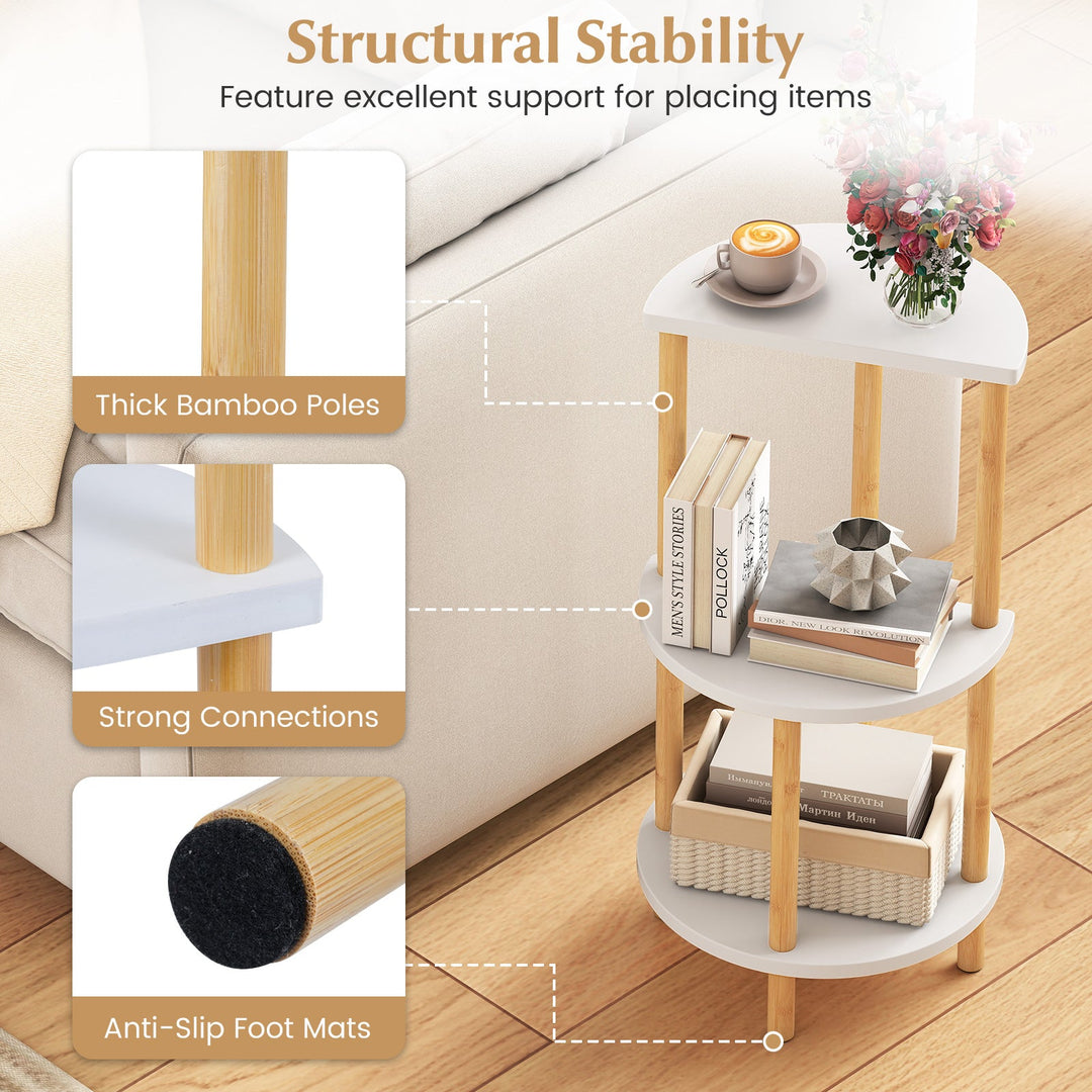 Set of 2 Round Side Table Compact with 3-Tier Shelves and Bamboo Construction-White
