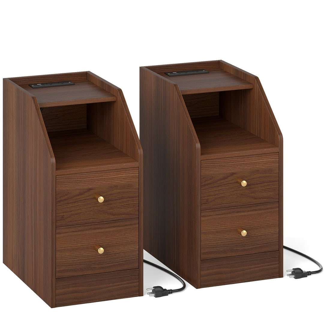 Set of 2 Side End Tables with Charging Station Sofa Couch Tables with Shelf Drawers