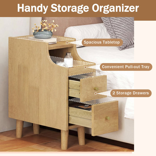 Set of 2 Solid Wood Night Side Table with Pull-out Tray and 2 Storage Drawers