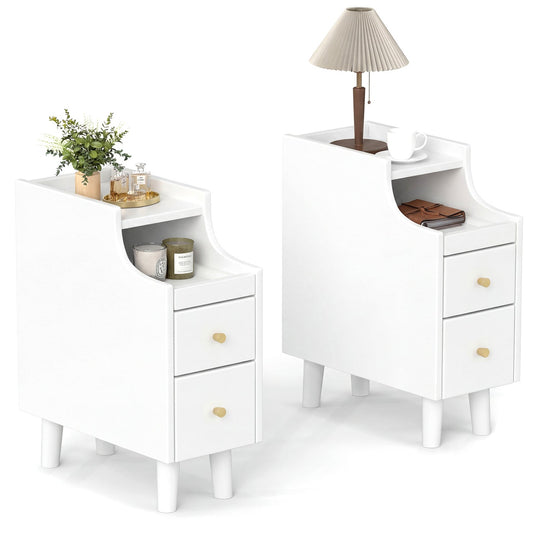 Set of 2 Solid Wood Night Side Table with Pull-out Tray and 2 Storage Drawers