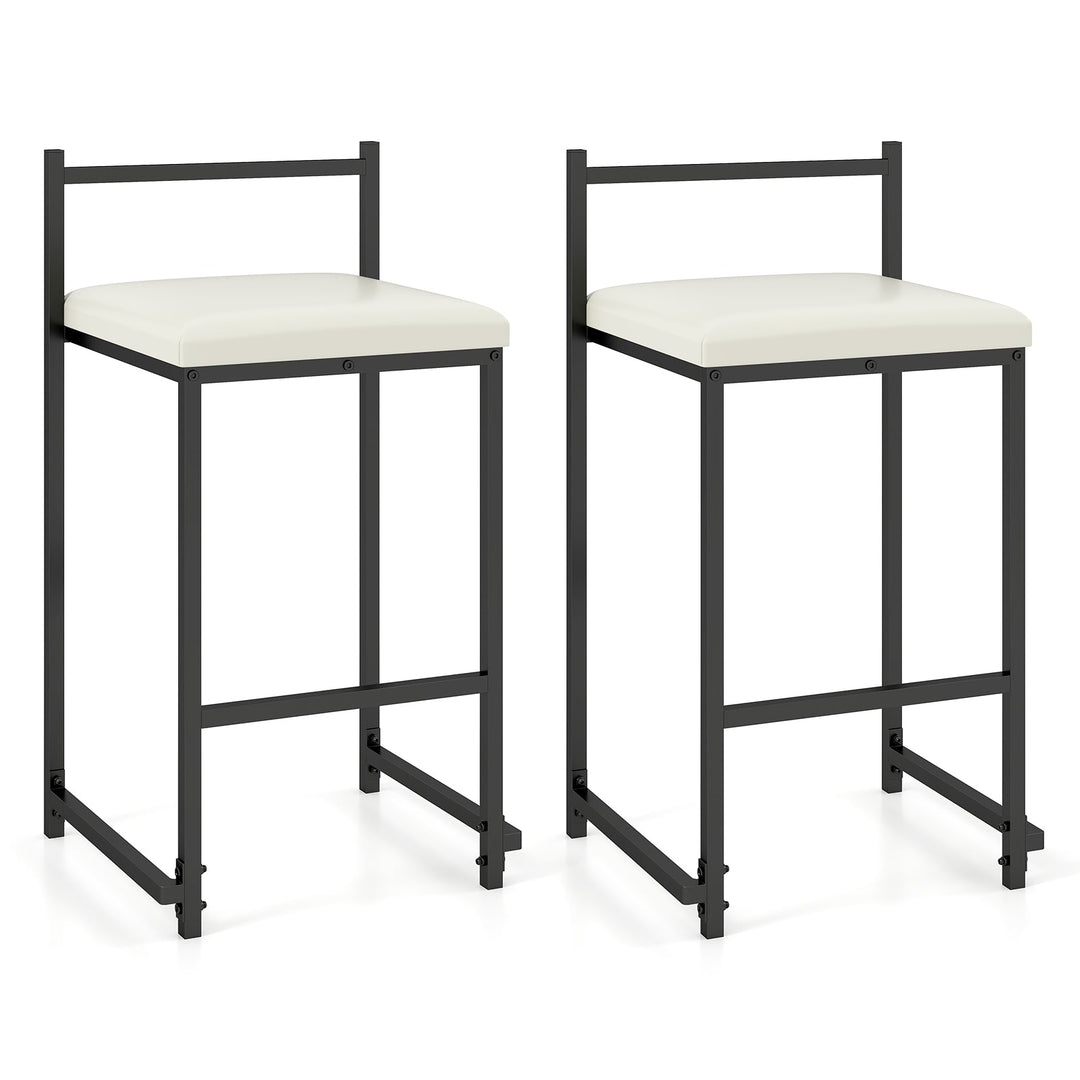 Set of 2 Stackable Counter Height Bar Stools PU Leather Upholstered with Footrest-Black