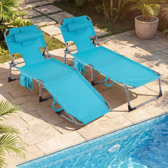 Set of 2 Tanning Chair Portable Chaise Lounge Chair with 4-Position Adjustable Backrest