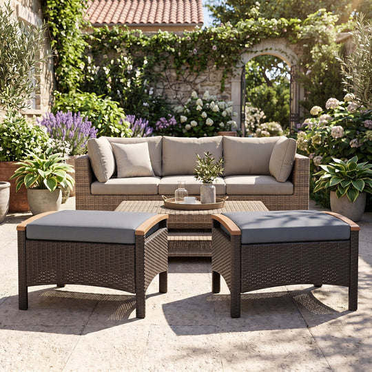 Wicker Patio Ottoman Set of 2 with Cushion
