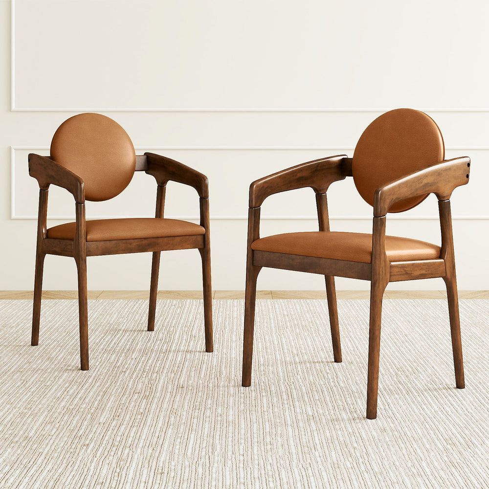 Set of 2 Wooden Dining Chair PU Leather Upholstered Armchairs-Brown