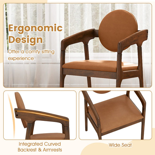 Set of 2 Wooden Dining Chair PU Leather Upholstered Armchairs-Brown