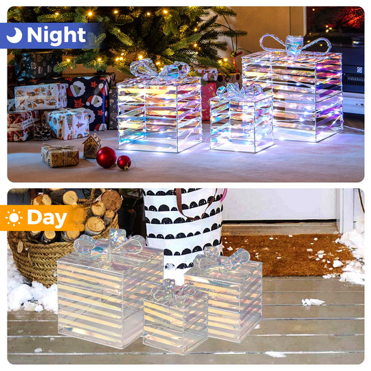Set of 3 Christmas Lighted Gift Boxes with Bows and Plug