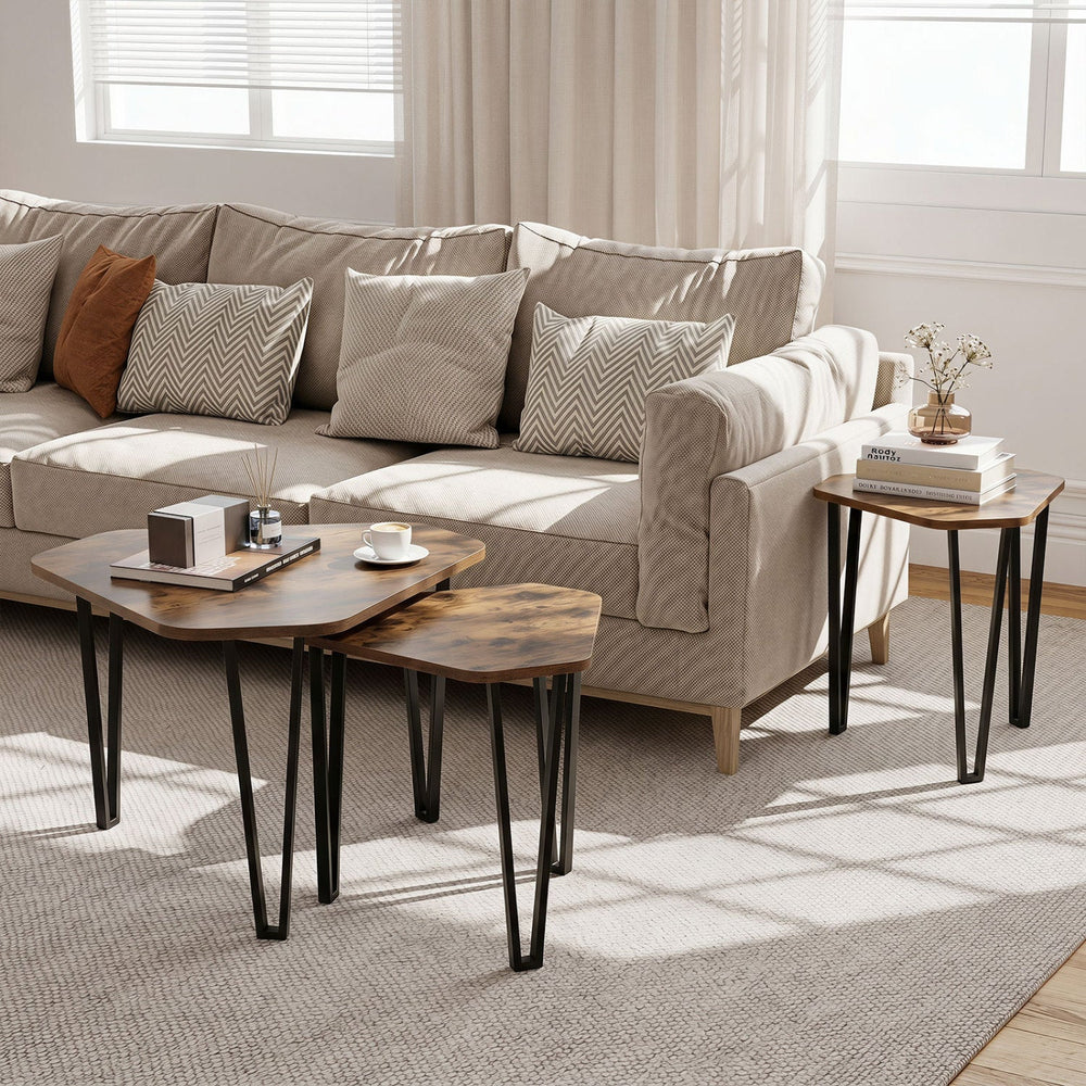 Nesting Coffee Tables Set of 3 with Metal Frame - Rustic Brown