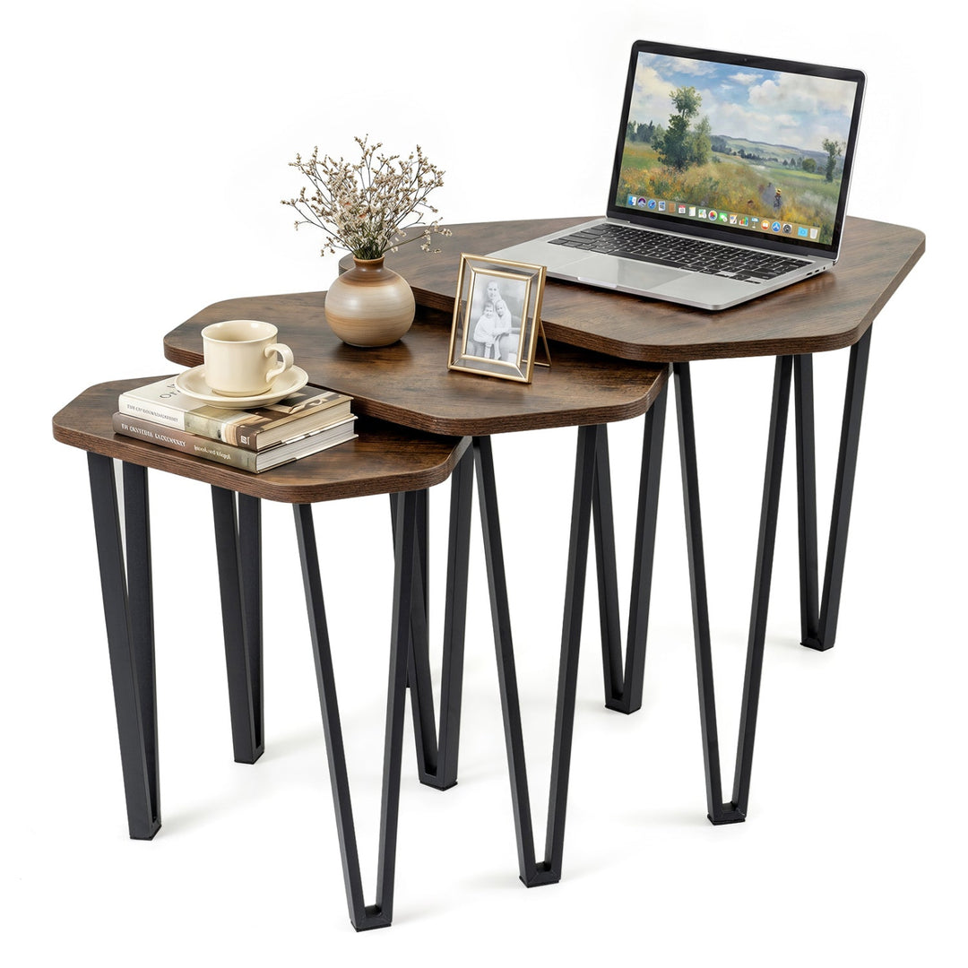 Nesting Coffee Tables Set of 3 with Metal Frame - Rustic Brown