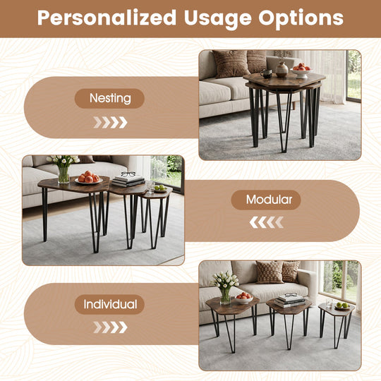 Nesting Coffee Tables Set of 3 with Metal Frame - Rustic Brown