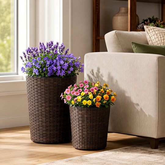 Plastic Rattan Planters Set of 3 with Drainage and Saucers
