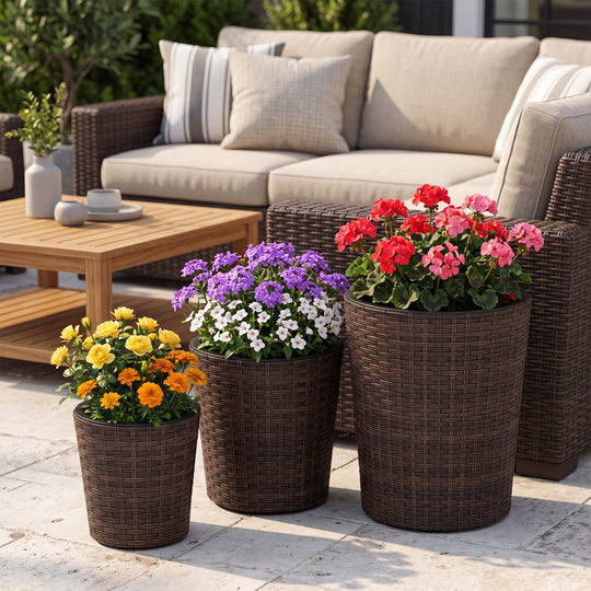 Plastic Rattan Planters Set of 3 with Drainage and Saucers