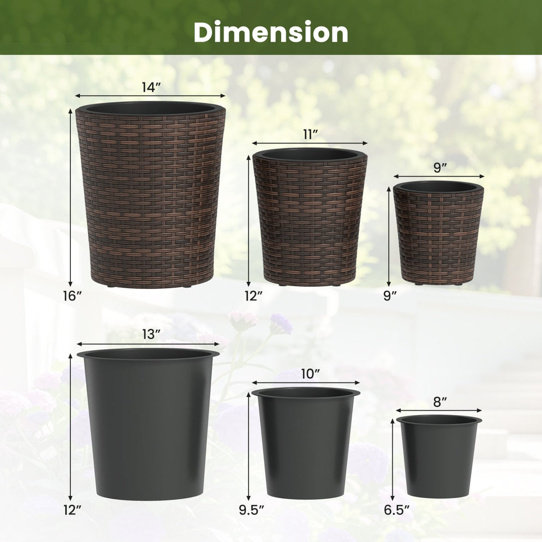 Plastic Rattan Planters Set of 3 with Drainage and Saucers