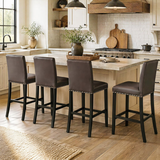 Bar Stools with Back Set of 4 - Brown Upholstered Counter Height