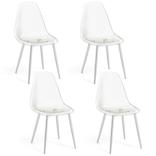 Set of 4 Dining Chairs Modern Plastic Shell Side Chair with Clear Seat and Wood Legs-Silver