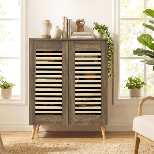Shoe Cabinet with Louvered Doors and Removable Shelves
