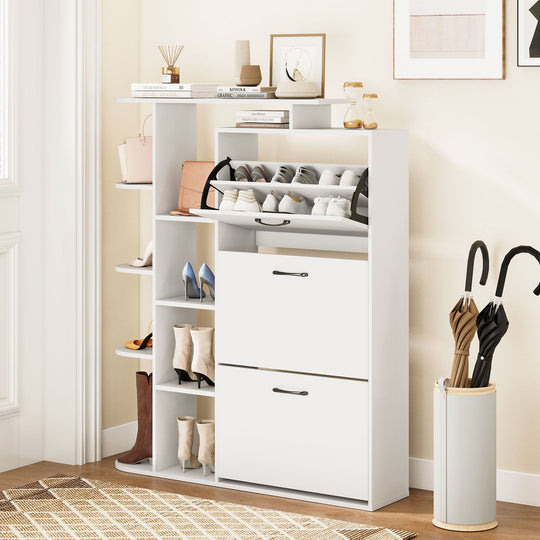 Shoe Cabinet with Open Shelves Modern Shoe Organizer with 3 Flip Drawers