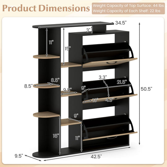 Shoe Cabinet with Open Shelves Modern Shoe Organizer with 3 Flip Drawers